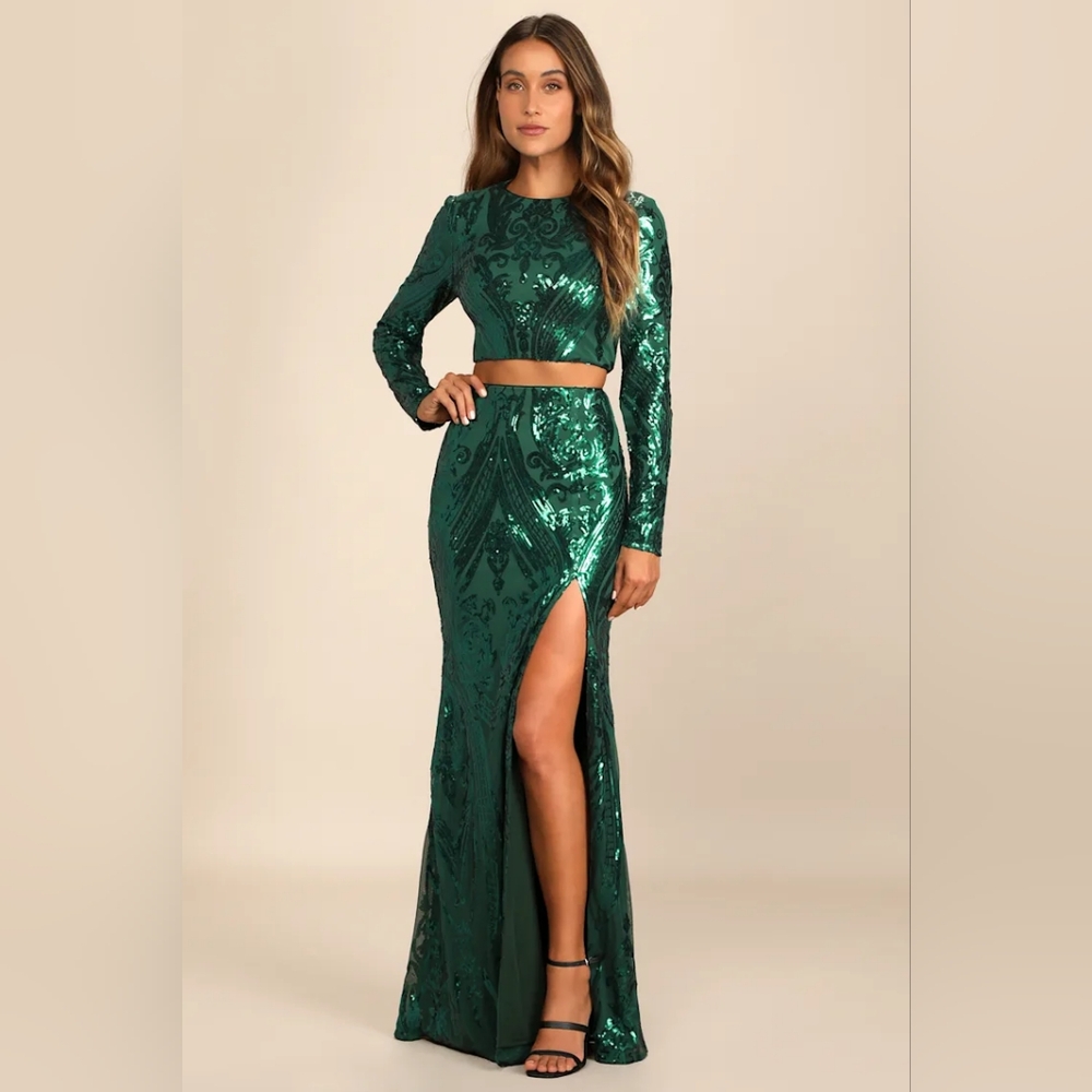 Lulus Luxe Aesthetic Green Sequin Long Sleeve Two-Piece Maxi Dress M